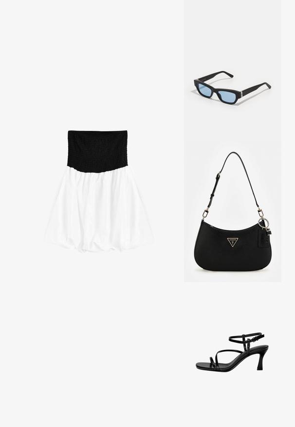 Czarna, marszczona talia z białą, obszerną, zwiewną spódnicą. Tkanina wygląda na lekką i miękką, o gładkiej strukturze.; Czarne skórzane sandały na obcasie z cienkimi paskami, kwadratowym noskiem i szpilką. Regulowany pasek na kostce dla lepszego dopasowania. Gładka tekstura.; Czarne okulary przeciwsłoneczne z prostokątnymi oprawkami, jasnoniebieskimi szkłami, matowym wykończeniem i srebrnymi akcentami przy zawiasach. Wyprodukowano we Włoszech.; Czarna syntetyczna torba na ramię o zaokrąglonym kształcie, z teksturowanym wykończeniem, złotym logo w kształcie trójkąta i odczepianymi akcentami ze sprzętu.