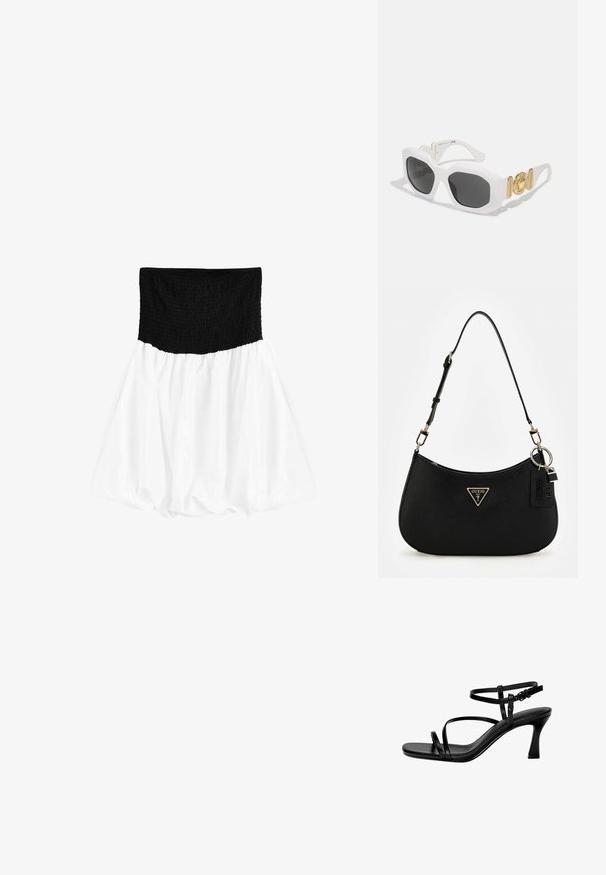 Svart smockad midja med en vit, voluminös och flödande kjol. Tyget verkar lätt och mjukt, med en slät yta.; Svarta läderklacksandaler med tunna remmar, kvadratisk tå och stilettklack. Justerbar ankelrem för passform. Slät textur.; Vita oktagonala solglasögon med mörka linser. Har detaljer i guld och en strukturerad design på skalmarna.; Svart syntetisk axelväska med en rundad siluett, strukturerad yta, guldtriangel-logotyp och avtagbara hårdvaruaccentuer.