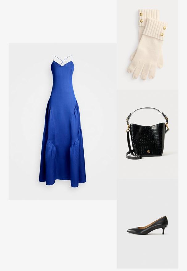 Modra satinasta maxi obleka z tankimi cruznimi naramnicami, razširjenim robom in nabranimi stranskimi detajli za dodano teksturo. Gladka, elegantna površina.; Črne usnjene črpalke s koničastim nosom, nizko peto in gladko teksturo. Imajo rahlo odprtino spredaj in minimalno opremo zadaj.; Črna torbica iz usnja z embosiranim krokodiljim vzorcem, ukrivljene oblike, z zlatimi akcenti, nastavljivim trakom in podrobnostjo logotipa spredaj.; Kremne rukavice iz volne z rebrastimi manšetami, ki imajo na vrhu manšet po dva okrasna zlata gumbka. Mehka tekstura z odprtinami za prste.