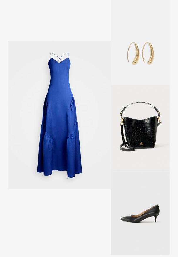 Vestido maxi de cetim azul com finas alças cruzadas, bainha godê e detalhes franzidos nas laterais para adicionar textura. Superfície suave e elegante.; Sapato de salto alto em pele preta com bico fino, salto baixo e textura suave. Apresenta uma ligeira abertura na parte da frente e mínima ferragem na parte de trás.; Bolsa de pele corcunda preta com textura de crocodilo, formato curvo, detalhes em metal dourado, alça ajustável e logotipo na parte da frente.; Brincos em metal dourado com forma de arco alongado e curvado. Apresentam uma superfície lisa e brilhante, com uma ponta arredondada para um detalhe adicional.
