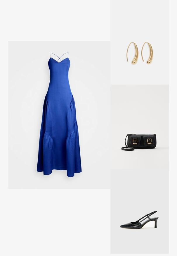 Mėlyna satino maksi suknelė su plonais kryžminiais dirželiais, išsiplėtusiu apdaila ir subertytais šonais, suteikiančiais papildomos tekstūros. Lygus ir elegantiškas paviršius.; Juodai lakuoti slingback aukštakulniai su smailiu nosiu, su tekstūruotu gyvatės raštu, reguliuojama juosta ir trumpu, tekstūruotu blokiniu kulnu.; Juodas odinis per petį nešiojamas krepšys su dviem priekiniais kišenėmis, auksiniais sagtimis, užtrauktuko uždarymu ir siauromis petnešomis. Textūruota paviršius ir kompaktiškas stačiakampis formatas.; Auksinės metalinės auskarų kabės su lenktą, pailgą forma. Turi lygų, blizgantį paviršių ir užapvalintą galiuką papildomam akcentui.