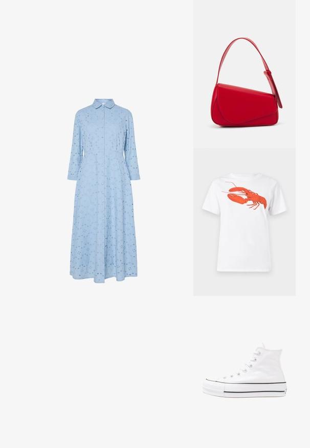 Égkék ruha gallérral, hosszú ujjakkal, gombos elülső részsel és hímzett kivágott mintákkal az anyagban. A-vonalú sziluett.; Fehér pamut póló, amelyen elöl egy nagy, élénkpiros homár grafika látható. Rövid ujjú és standard környakú kialakítás.; Fehér magaskorsó vászon sportcipő fekete gumi talppal, elülső gumi orrnyereggel és hat fűzőlyukkal, letisztult, minimalista dizájnnal.; Piros bőr kézitáska szögletes, geometrikus kialakítással. Egy állítható pánttal és varrott részletekkel ellátott fedélzárral rendelkezik.