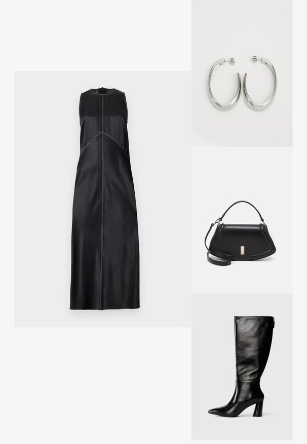 Vestito nero senza maniche con scollo tondo, caratterizzato da dettagli di cucitura bianca e una linea dritta che si allunga fino al pavimento. Tessuto liscio.; Stivale in pelle nera, alto fino al ginocchio, con punta affusolata, superficie liscia e tacco spesso. Presenta un dettaglio con zip sul retro.; Borsa a mano in pelle nera con un design strutturato, caratterizzata da una forma corta, manico superiore e accessori in metallo dorato. Inclusa tracolla regolabile.; Orecchini a cerchio argentati con un design liscio e curvo. Presentano una finitura metallica lucida e una chiusura a perno. Nessun motivo o accentuazione visibile.