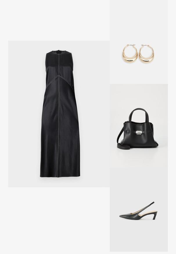 Sort ærmeløs kjole med rund halsudskæring, prydet med hvide sømdetaljer og en lige skæring, der flyder ned til gulvet. Glat tekstur.; Sorte spidse slingback-sko med en lav hæl, lavet af glat læder og med udskæringer på siden for åndbarhed.; Sort læderhåndtaske med en tekstureret overflade, der har to bærehåndtag, en aftagelig skulderrem og en detalje med sølvspænde.; Guldtonede hoops øreringe med en halvmåneform, poleret overflade og hængsel-lukning. Den glatte tekstur og den reflekterende finish forbedrer synligheden.