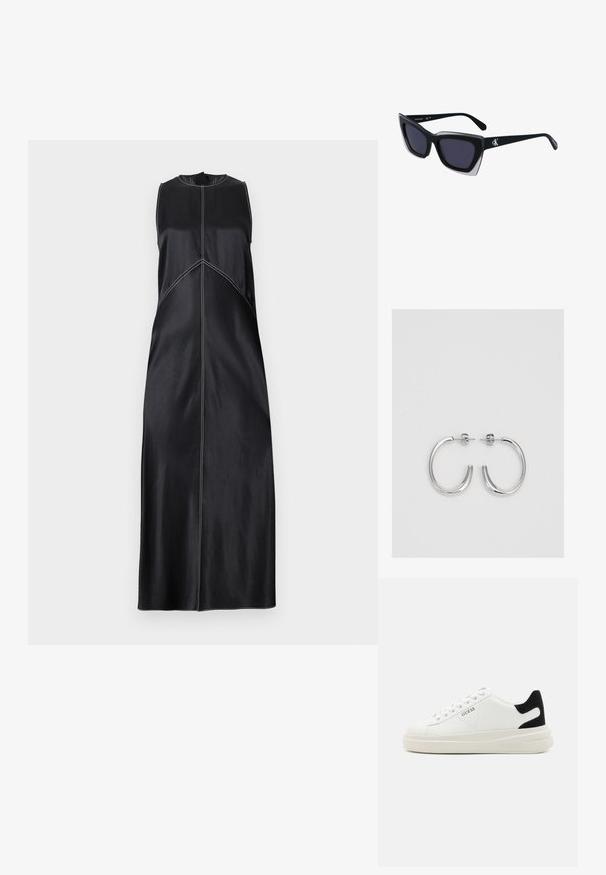 Sort ærmeløs kjole med rund halsudskæring, prydet med hvide sømdetaljer og en lige skæring, der flyder ned til gulvet. Glat tekstur.; Hvide lædersneakers med en tyk hvid sål, sort ruskindhælvægt og prægede logoer på siden. Snørebåndsdesign med seks øjer.; Store sorte oversized solbriller med geometrisk form, med mørke linser og en kontrasterende grå detalje på stellet. Logo på armen.; Sølv øreringe i cirkel med en glat, skinnende overflade, der har en buet form og lukning med stift bagpå. Minimalistisk design med et moderne udseende.