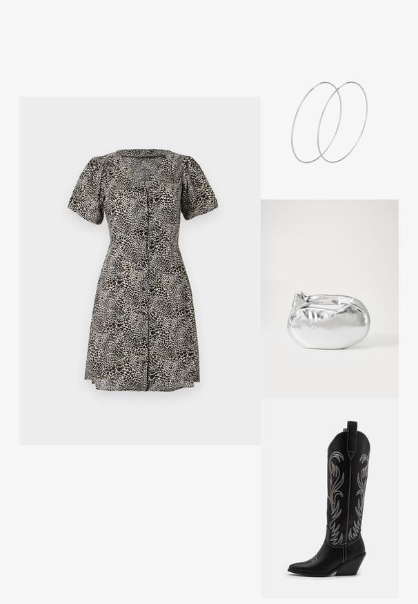 Leopardimustriga kleit lühikeste puhvärvustega, V-kaelusega ja ees oleva nööpkinni. Valmistatud kerge kangaga, millel on laienev seelik.; Mustad mustad nahast cowboy saapad terava ninaga, vööndkanna ja hõbedaste tikanditega lillemustritega varred. Kontrastõmblused üle kogu.; Hõbedane metallikoti kott pehme, ümar kuju ja sõlme ülemise sulgemisega. Valmistatud siledast kunstnahast materjalist.; Hõbedased rõngastikkaehingad minimalistlikus disainis. Ümar kuju, sile tekstuur ja õhuke profiil. Kerged ning poleeritud viimistlusega.