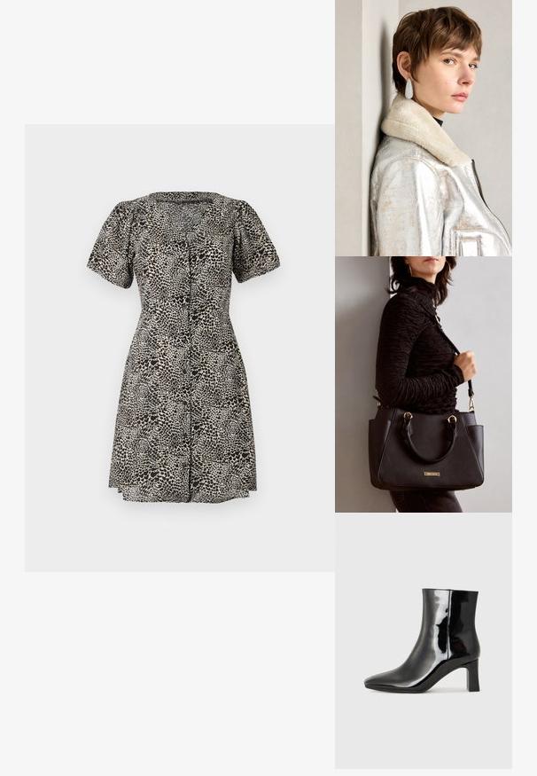 Vestido em estampa de leopardo com mangas curtas em balão, decote em V e fecho frontal com botões. Feito de um tecido leve, com saia ampla.; Botim de tornozelo em pele sintética preta com bico apontado e salto bloco de altura média. Textura suave e design minimalista.; Bolsa preta com superfície texturizada, alças superiores duplas e alça de ombro ajustável. Apresenta ferragens em tom dourado e bolsos laterais.; Jaqueta de couro metálica prateada com colarinho de peles, apresentando um fecho em zip e uma superfície texturizada. Brincos grandes em forma de gota com pedras preciosas transparentes.