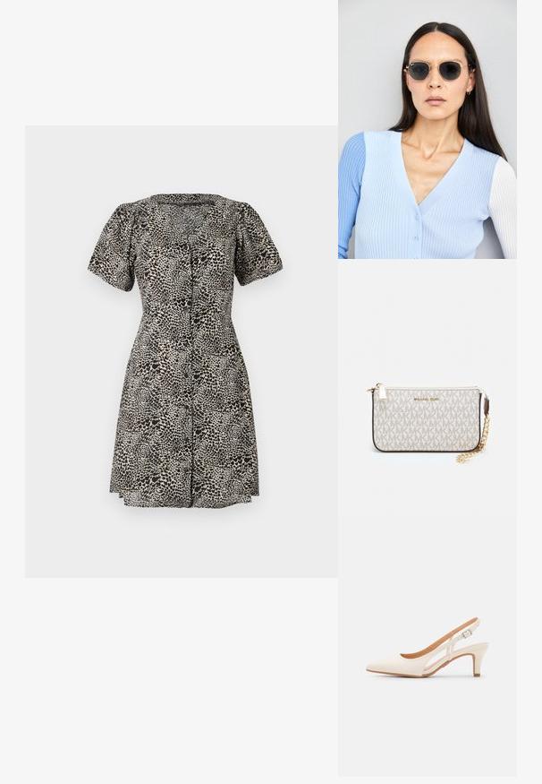 Šaty s leopardím vzorom a krátkymi nafúknutými rukávmi, s výstrihom do V a predným zapínaním na gombíky. Vyrobené z ľahkého materiálu, s rozšírenou sukňou.; Biele slingback topánky na podpätku s ostrou špičkou, hladkým vrchným materiálom, nízkym blokovým podpätkom a bočným výrezom s nastaviteľným remienkom na pracku.; Okrúhle slnečné okuliare s tmavými šošovkami a zlatým rámom. Modelka má na sebe svetlomodrý pletený kardigán s gombíkmi a bielymi rukávmi v kontraste.; Michael Kors zápästná taška v béžovej potiahnutej plátenej tkanine s opakujúcim sa vzorom loga MK, zlatým kovania a odnímateľným reťazovým popruhom.