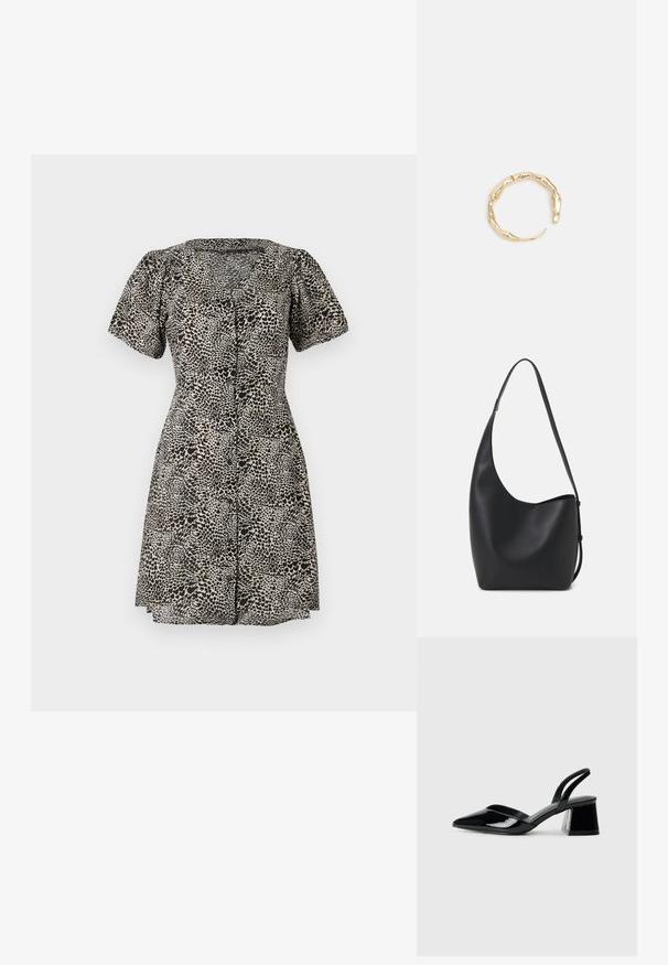 Leoparda raksta kleita ar īsām puff piedurknēm, V veida kakla izgriezumu un priekšējo pogu aizdari. Izgatavota no viegla auduma, ar paplatinātu svārku.; Melna lakota āda ar atvērto papēdi, ar smailu purngalu un ģeometrisku blokpapēdi. Iezīmējas elegants, minimāls dizains un gluda tekstūra.; Melnas ādas hobo soma ar gludu tekstūru, izliekta forma un vienu regulējamu jostu; augšā ir plaša atvere.; Zelta toņa gredzens ar organisku, vērptu dizainu, gludu virsmu un sašaurinātiem galiem, radot mūsdienīgu, skulpturālu izskatu.