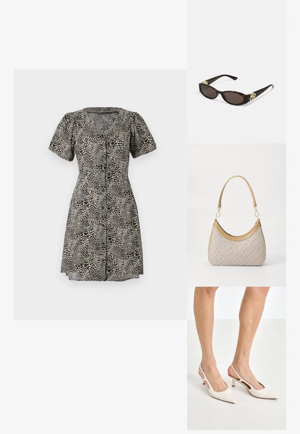 Leopardenmusterkleid mit kurzen Puffärmeln, V-Ausschnitt und vorderem Knopfverschluss. Hergestellt aus leichtem Stoff, mit einem ausgestellten Rock.; Beige Lackleder Slingback-Absätze mit spitzem Fuß und 5 cm Absatz, mit ausgeschnittenen Seiten und einem schmalen Knöchelriemen.; Schildpatt-Sonnenbrille mit länglich-ovalen Gläsern, braunem Farbton, goldenen Logo-Akzenten an den Bügeln und schlanken schwarzen Bügeln.; Beige gemusterte Handtasche mit geschwungener Form, Lederakzenten und einem goldfarbenen Logo auf der Vorderseite. Verfügt über einen kurzen Griff für einfaches Tragen.