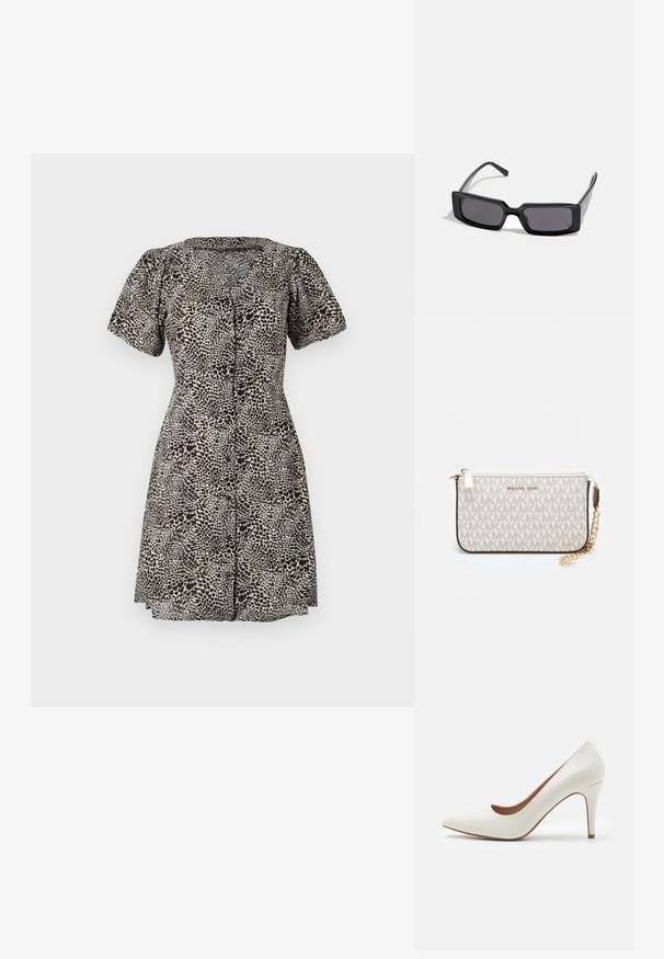Abito con stampa leopardata, maniche a sbuffo corte, scollo a V e chiusura con bottoni frontali. Realizzato in tessuto leggero, presenta una gonna svasata.; Scarpa con tacco alto in pelle verniciata bianca, con punta affilata e superficie liscia, caratterizzata da un tacco sottile e un'apertura bassa.; Occhiali da sole neri con montatura rettangolare, lenti scure e finitura lucida e liscia. Presentano aste sottili con un branding discreto sul lato.; Wristlet Michael Kors in tela rivestita beige con motivo a logo MK ripetuto, hardware dorato e tracolla a catena staccabile.; Orecchini metallici dorati con un design ondulato; superficie liscia e riflettente; forma asimmetrica; nessun motivo o hardware visibile.