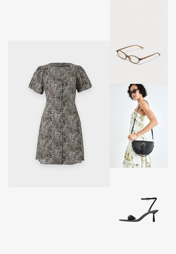 Rochie cu imprimeu leopard, cu mâneci bufante scurte, decolteu în V și închidere frontală cu nasturi. Fabricată dintr-un material ușor, cu fustă evazată.; Bershka Sandale cu toc - black; Ochelari în nuanță de țestoasă maro, cu lentile ovale, brațe subțiri și accente transparente. Prezintă un logo subtil pe tâmplă. Design elegant și ușor.; Geantă din piele neagră, cu o formă curbată, curea detașabilă și accesorii aurii. Geanta are un capac cu un detaliu tip cataramă.