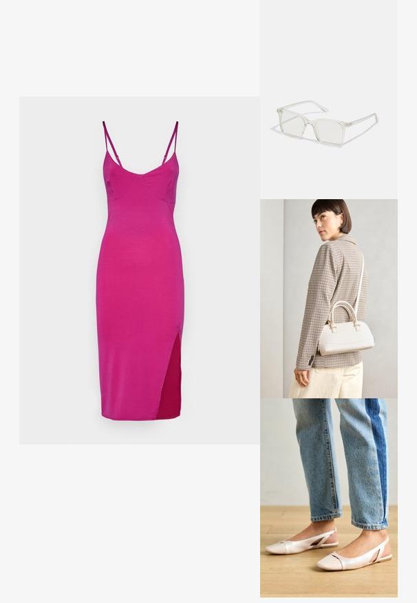 Prilagođena, bez rukava haljina u živahnoj ružičastoj tkanini, s V-izrezom i bočnim prorezom za dodatni detalj. Glatka tekstura, minimalistički dizajn.; Svijetlo ružičaste slingback balerinke s šiljastim vrhom, izrađene od glatkog materijala nalik koži. Sadrže izrezane detalje sa strane i ravnu petu.; Prozirne plastične naočale kvadratnog okvira s prozirnim lećama, koje sadrže zlatne akcentne detalje na drškama.; Bijela strukturna torba s kratkim ručkama i remenom za rame, s zlatnim metalnim detaljima i teksturiranim materijalom, prikazana na sivoj pozadini.