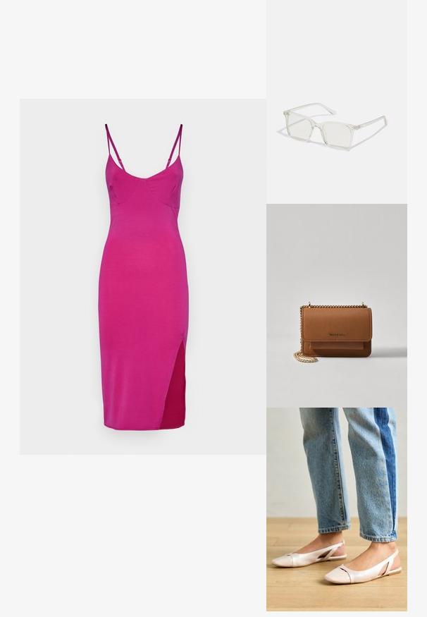 Rochie mulată, fără mâneci, dintr-un material roz vibrant, cu decolteu în V și o deschidere laterală pentru un plus de detaliu. Textură netedă, design minimalist.; Sandalete plate de un roz pal cu vârf ascuțit, realizate dintr-un material asemănător pielii, neted. Prezintă detalii decupate pe laterale și un toc plat.; Ochelari de vedere cu rame pătrate din plastic transparent, dotate cu lentile translucide și accente aurii pe temple pentru un detaliu suplimentar.; Geantă crossbody din piele texturată maro, cu curea din lanț aurit și închidere cu clapetă. Partea din față prezintă detalii cu logo și o buzunar sub clapetă.