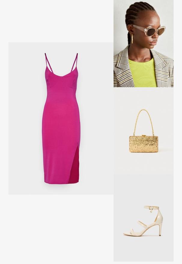 Rochie mulată, fără mâneci, dintr-un material roz vibrant, cu decolteu în V și o deschidere laterală pentru un plus de detaliu. Textură netedă, design minimalist.; Sandale cu toc înalt bej, cu curea subțire la gleznă și două curele superioare. Finisaj lucios din patent și detalii din metal auriu pe cureaua de la gleznă.; Ochelari de soare stil cat-eye, cu lentile maro și rame transparente. Model purtând un top verde cu textură ribbed și un sacou în carouri. Cercei rotunzi din aur.; Clutch din paiete aurii, cu o formă rectangulară, având un mâner din lanț croit și o închidere cu clapetă metalică, reflectând lumina cu un finisaj texturat.