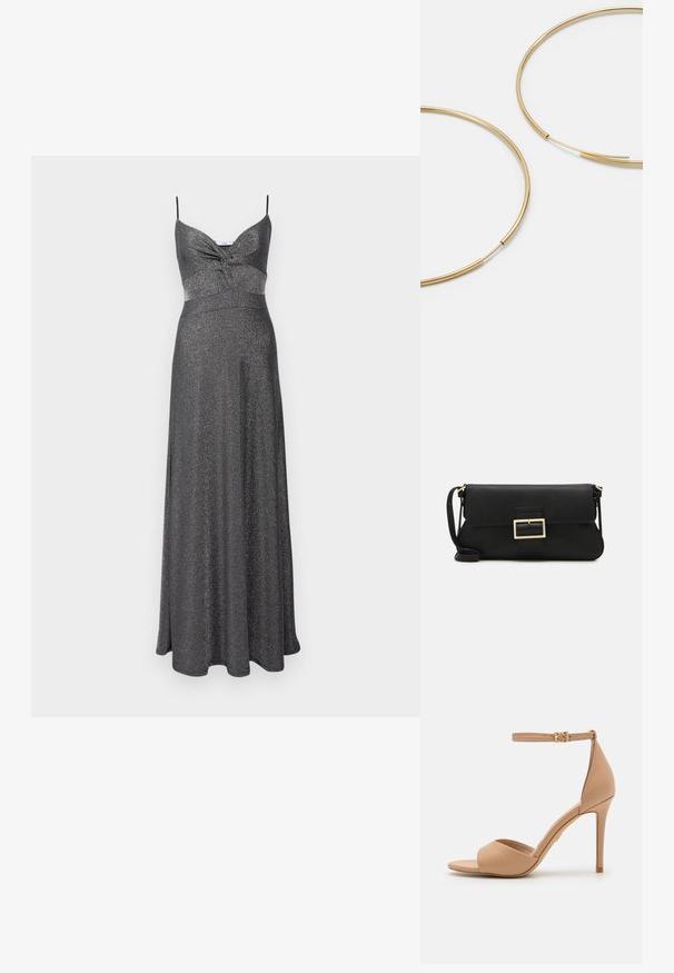 Sidabrinė metalinė maksi suknele su prigludusia kūno dalimi, reguliuojamomis špagatinėmis petnešėlėmis ir plačiu sijonu. Tekstūruotas, blizgus audinys visame suknyje.; ALDO CRERIDE PILLOW WALK - Sandalai - beige; Juodas odinis dėkliukas su atvarteliu ir auksinės metalinės sagties detalėmis. Įeina juodas diržas ir elegantiškas, minimalistinis dizainas.; Aukso spalvos žiedo auskarai, ploni ir apvalūs, su lygiu metaliniu paviršiumi be papuošimų ar raštų.