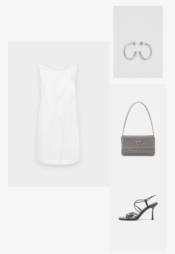 Rochie albă fără mâneci, din bumbac, cu decolteu rotund, tăiat până la genunchi și o textură netedă, simplă. Fără modele sau accente.; Sandale negre cu toc înalt au curele subțiri cu un design legat, un vârf pătrat neted și un toc stiletto elegant.; Geantă metalică gri deschis, cu un strap din lanț, decorată cu mici ținte circulare metalice și un logo de marcă triangular.; Cercei rotunzi din argint cu un finisaj neted și strălucitor. Design ușor, având o formă rotundă și închidere cu tijă.