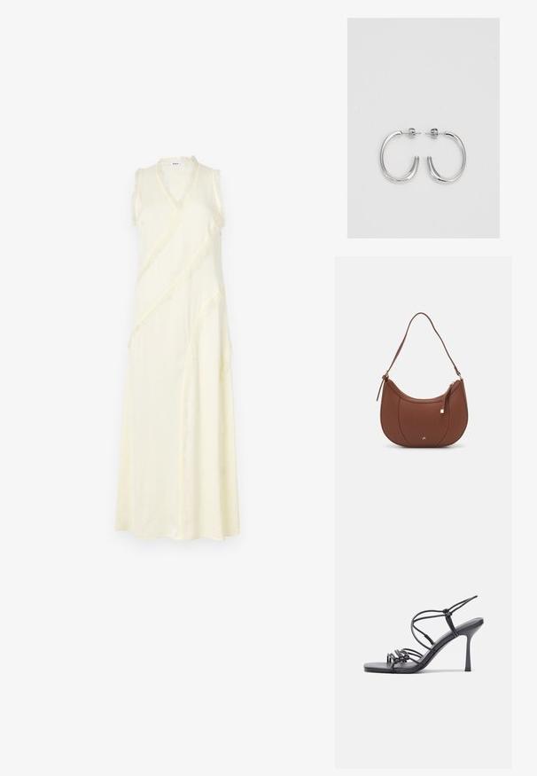 Bez piedurknēm, apvīta stila kleita gaiši dzeltenā krāsā ar V veida kakla izgriezumu. Rāda šķērsojošas malas gar šuvēm un plūstošu formu. Mīksta auduma tekstūra.; Melnas augstpapēžu sandales ar plāniem siksniņām un mezgla dizainu, gluda kvadrātveida purngalu un elegantu stiletto papēdi.; Brūns mākslīgās ādas pleca soma ar izliekta forma, minimāls šuvums un zelta toņa aparatūras akcenti. Aprīkota ar augšējo rāvējslēdzēju un regulējamu siksnu.; Sudraba riņķveida auskari ar gludu, spīdīgu apdari. Apaļas formas, viegla dizaina, ar aizdari uz stieples.