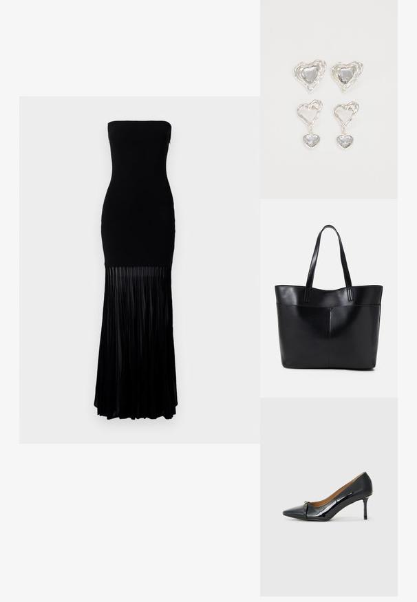 Sort stramløs kjole med en tætsiddende liv og en flydende plisseret nederdel. Lavet af et glat stof, har den nederste del lodrette plisseringer.; Sorte patenterede højhælede sko med spids tå, dekorative stropdetaljer foran og en tynd stilettohæl.; Sort læder tote taske med to lange håndtag, en glat tekstur og en struktureret form. Har en forlommem for ekstra opbevaring.; Sølvøreringe i hjerteform har facetterede klare sten med en struktureret ramme. Sættet inkluderer både studs og hængende stilarter.