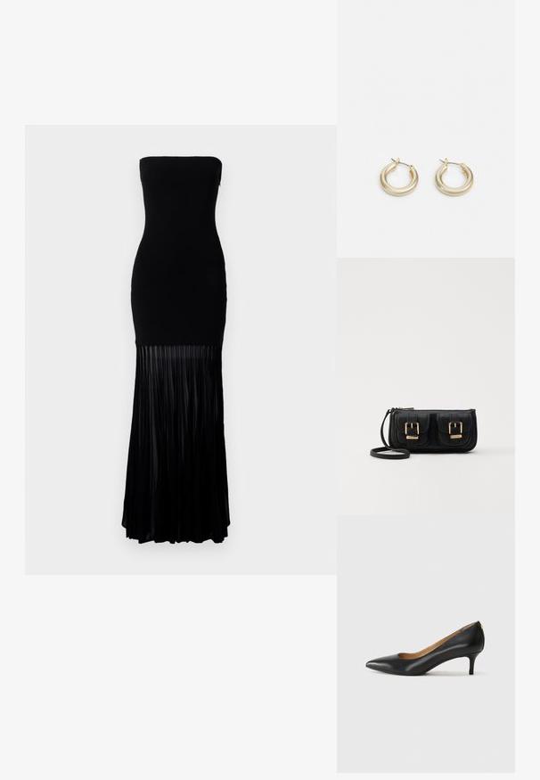 Robe noire sans bretelles avec un corsage ajusté et une jupe plissée fluide. Fabriquée dans un tissu lisse, la partie inférieure présente des plis verticaux.; Pompe noire en cuir avec un embout pointu, un petit talon et une texture lisse. Présente une légère ouverture à l'avant et un matériel minimal à l'arrière.; Sac en cuir noir porté en travers avec deux poches avant, boucles dorées, fermeture zippée et une sangle fine. Surface texturée et forme rectangulaire compacte.; Lauren Ralph Lauren BASIC SMALL HOOP - Boucles d'oreilles - gold-coloured