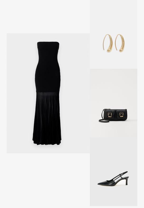 Mustapuku ilman olkaimia, jossa on tiukka vartalo-osa ja viehättävä laskostettu hame. Valmistettu sileästä kankaasta, alareunassa on pystysuorat laskokset.; Musta patent slingback-kiilakorko teräväkärkisellä muotoilulla, jossa on teksturoitu käärmeennahkakuosi, säädettävä remmi ja lyhyt, teksturoitu blokkiheel.; Musta nahkainen olkalaukku, jossa on kaksi etutaskua, kultaiset soljet, vetoketjukiinnitys ja kapea hihna. Teksturoidun pinnan ja kompaktin suorakaiteen muoto.; Korvakorut kultasävytteistä metallista, joissa on kaareva, pitkänomainen muoto. Ominaisuuksiin kuuluu sileä, kiiltävä pinta ja pyöreä kärki lisäyksinä.