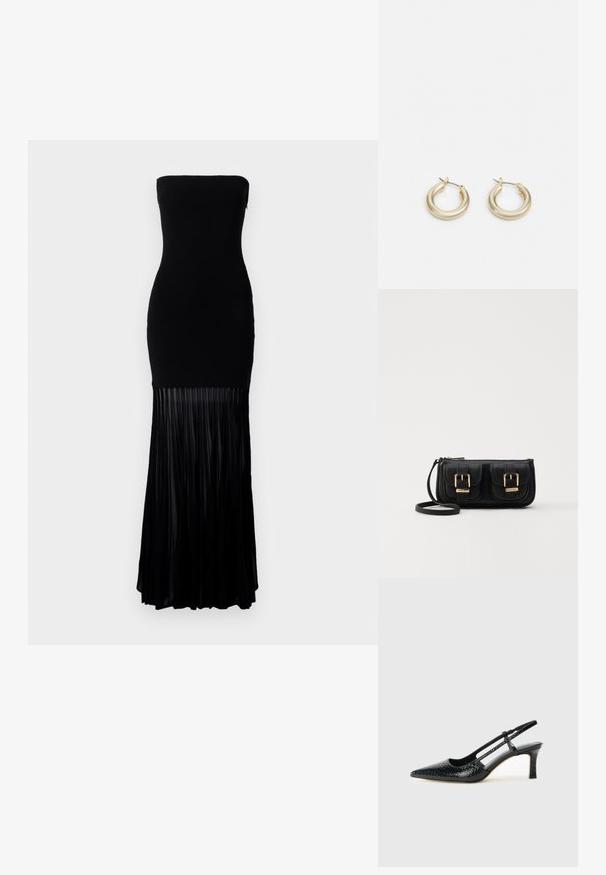 Svart axelbandslös klänning med en åtsittande överdel och en flödande plisserad kjol. Tillverkad av ett slätt tyg, har den nedersta delen vertikala plisseringar.; Svart lackskin slingback-häl med spetsig tå, med texturerad ormskinnsprint, justerbar rem och en kort, texturerad blockklack.; Svart läderaxelväska med två framfickor, guldspännen, dragkedjestängning och en smal rem. Texturerad yta och kompakt rektangulär form.; Lauren Ralph Lauren BASIC SMALL HOOP - Örhänge - gold-coloured