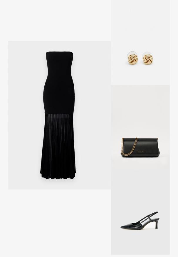 Svart stroppeløs kjole med en tettsittende overdel og en flytende, plisserte skjørt. Laget av et glatt stoff, har den nedre halvdelen vertikale plisseringer.; Sorte patent slingback hæl med spids tå, featuring tekstureret slangeskind, justerbar rem og en kort, tekstureret blokhæl.; Svart skinnkuvertveske med en gullkjede-rem, med en glatt tekstur, rektangulær form og preget merkevare på forsiden.; Gullfarget knute stud-øreringer med en vridd design. Hver ørering har en sirkulær klar bakside for sikker bruk.