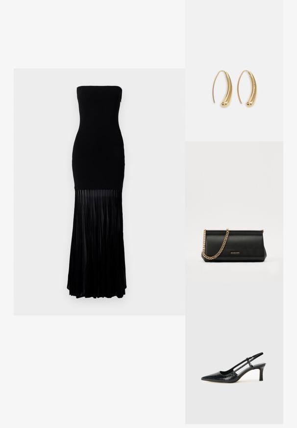 Svart stroppeløs kjole med en tettsittende overdel og en flytende, plisserte skjørt. Laget av et glatt stoff, har den nedre halvdelen vertikale plisseringer.; Sorte patent slingback hæl med spids tå, featuring tekstureret slangeskind, justerbar rem og en kort, tekstureret blokhæl.; Svart skinnkuvertveske med en gullkjede-rem, med en glatt tekstur, rektangulær form og preget merkevare på forsiden.; Gullfargede metalløredobber med en buet, forlenget form. Har en jevn, blank overflate og en avrundet tupp for ekstra detaljer.