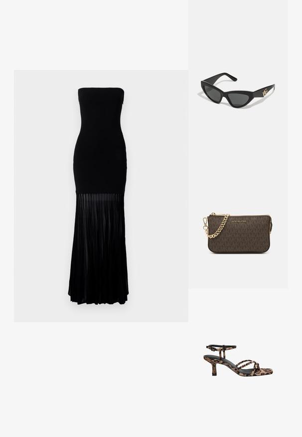 Sort stramløs kjole med en tætsiddende liv og en flydende plisseret nederdel. Lavet af et glat stof, har den nederste del lodrette plisseringer.; Sandaler med hæl i leopardmønster og firkantet tå, med flere stropper og en mellemhøj hæl. Fremstillet af blødt tekstilmateriale.; Cat-eye solbriller med en mat sort kunststoframme, mørke linser og en guldfarvet logoaccent på stænger. Vinklet design og glat overflade.; Brun læder crossover taske med logo mønster, guldkæde rem, lynlås lukning og gyldne hardware detaljer. Kompakt og rektangulær form.