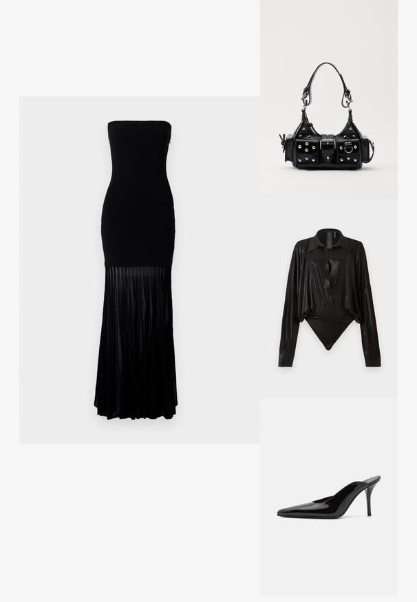 Black strapless dress with a fitted bodice and a flowing pleated skirt. Made from a smooth fabric, the lower half features vertical pleats.; Black bodysuit with long sleeves, V-neck, and a fitted silhouette. Made of shiny, smooth fabric with a structured collar and cuffs.; Black patent leather high-heeled mule with a pointed toe and a sleek silhouette, featuring an open back and a slender stiletto heel.; Black leather handbag with a curved design, featuring silver studs, a buckle, and two side pockets. Adjustable strap for carrying options.