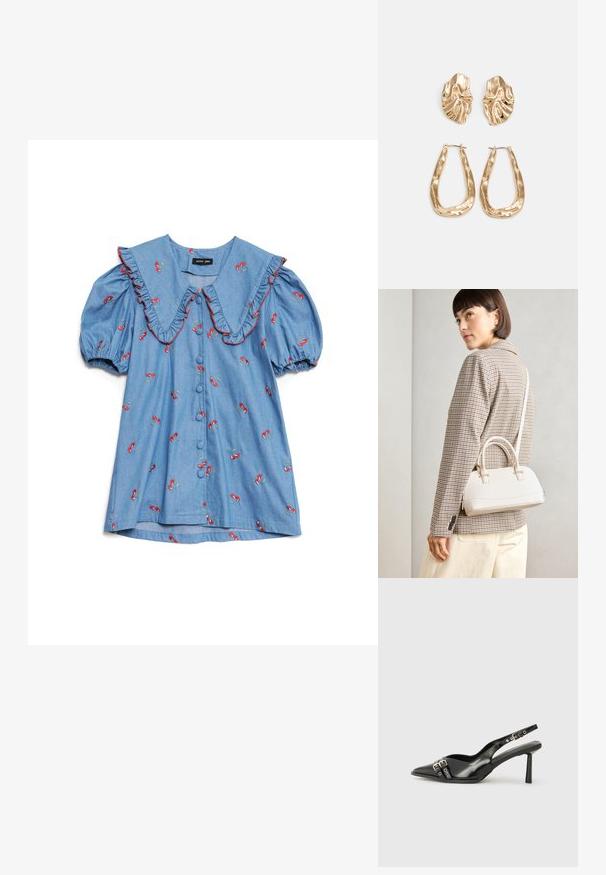 Camisa de denim azul claro com mangas bufantes, colarinho oversized com babados, bordado de cerejas vermelhas e seis botões na frente.; Sapato slingback preto em pele patentada com bico apontado, tiras no tornozelo apresentando fivelas e acessórios prateados, e um salto elegante.; Bolsa estruturada branca com alças curtas e uma alça de ombro, com detalhes em hardware dourado e material texturizado, exibida contra um fundo cinza.; Brincos em tom de ouro com formas onduladas e texturizadas. Inclui studs escultóricos com presilha e um design de argola aberta com um acabamento martelado.