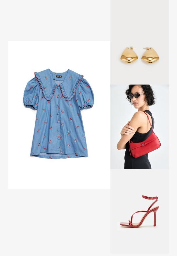 Camicia di jeans blu chiaro con maniche a sbuffo, colletto volante oversize, ricamo di ciliegie rosse e sei bottoni sul davanti.; ALDO SCINTILLA - Sandali con tacco - red; Borsa a spalla rossa in pelle con una texture liscia, design curvo e un elegante dettaglio a fibbia. Tracolla regolabile e chiusura con zip.; Orecchini in metallo dorato con forma triangolare liscia e arrotondata e design con chiusura a perno; superficie riflettente con minimalismo nei dettagli.