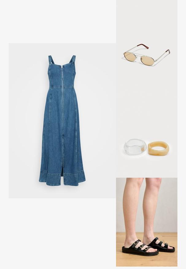 Jeans maxi-kjole med glidelås foran, justerbare stropper og en utsvingt kant. Har synlig søm og en medium blå vask.; Sorte sandaler laget av glatt materiale, med tre justerbare stropper med gullspenner og en flat såle med teksturert grep.; Metallsolbriller med ovale, lysebrune tonede linser. Slank sølvramme med strukturert detaljer og rødbrune spisser på armene.; Klare og ravfargede harer, den ene glatt og gjennomsiktig, den andre med en teksturert, ravfarget finish. Begge har avrundede, kraftige design.