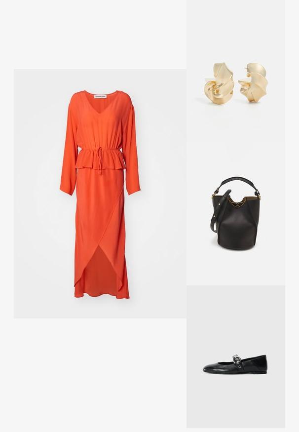 Hosszú, élénk narancssárga ruha könnyű anyagból készült. V-nyakú, hosszú ujja van, rugalmas derékkal és aszimmetrikus szegéllyel rendelkezik.; Fekete bőr balettcipők, hegyes orral, kör alakú fémbújtatóval ellátott pánttal és lapos talppal.; Fekete bőr vödör táska texturált felülettel, arany hardware részletekkel és nyitott tetejével. Rövid fogantyúval és állítható vállpánttal rendelkezik.; Textúrált arany színű fém fülbevalók szobrászati, spirális formával. Simább felületekkel és fényt visszaverő vonalakkal rendelkezik.