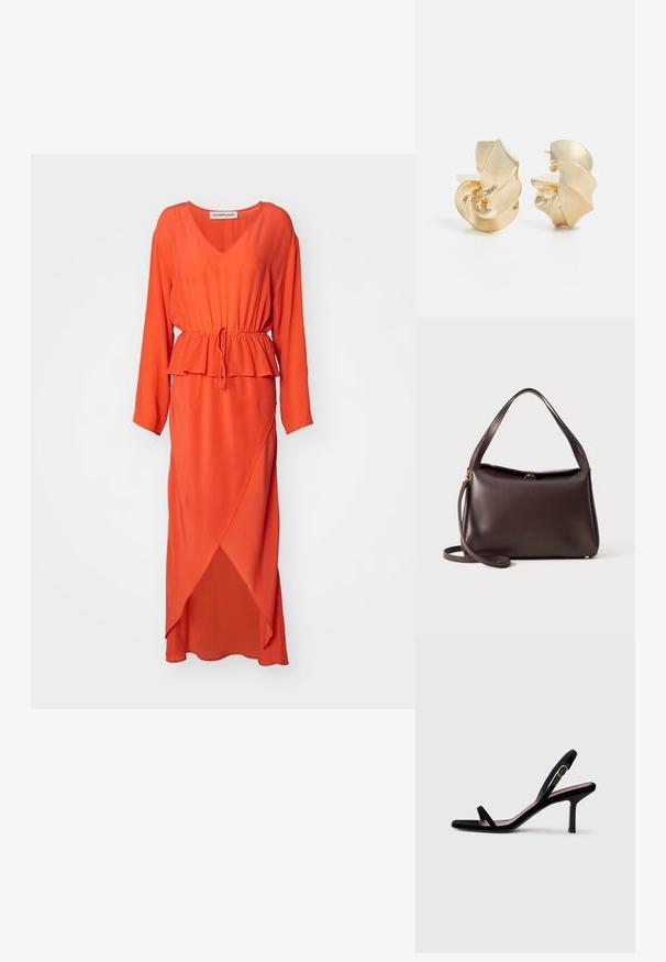 Rochie lungă, portocalie strălucitoare, fabricată dintr-un material ușor. Dispune de un decolteu în V, mâneci lungi, un elastic la talie și un tiv asimetric.; Sandală pentru femei cu toc înalt, din suede negru, cu bretele subțiri și un cataramă aurie, pe un fundal alb, văzută din lateral.; Geantă din piele maro, cu o formă structurat, având un singur mâner superior și un curea de umăr detașabilă. Detalii din metal cu ton auriu.; Cercei din metal aurit cu textură, având un design sculptural, în spirală. Prezintă suprafețe netede și curbe care reflectă lumina.