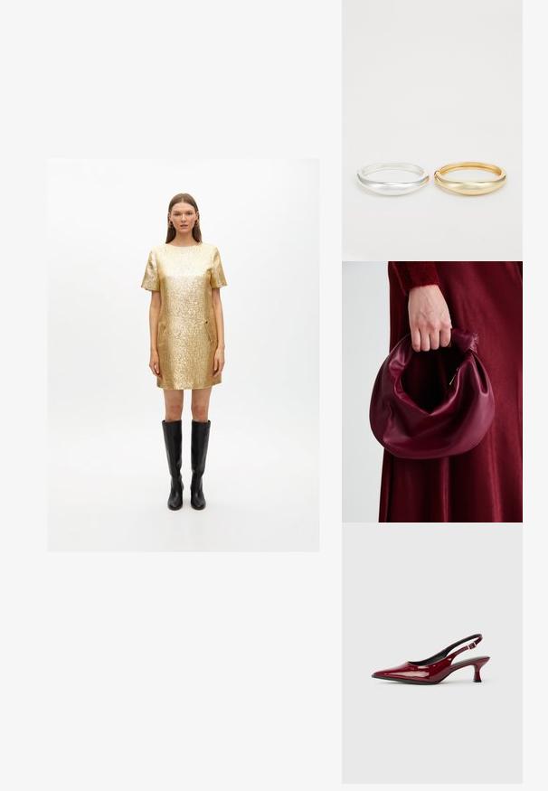 Zlatá metalická krátka šaty s textúrovaným povrchom, krátkymi rukávmi a bočnými vreckami. Skombinované s vysokými čiernymi koženými čižmami.; Burgundské patentované kožené slingback podpätky s špicatou špičkou a elegantným stiletto podpätkom. Dizajn s otvorenou zadnou časťou s nastaviteľným detailom na členkovom remienku.; Burgundská kožená kabelka s mäkkým, zhromaždeným dizajnom a zaobleným tvarom. Rukoväť je pevne zaisťujúca a vystavuje hladkú textúru.; Zign 2 PACK - Náramok - gold-coloured/silver-coloured