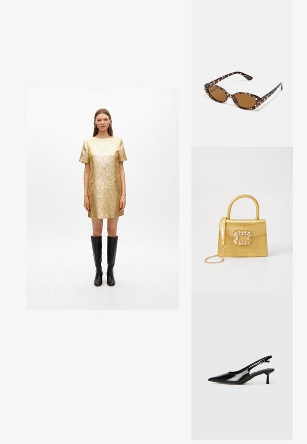 Kurzes, goldmetallisches Kleid mit strukturiertem Obermaterial, kurzen Ärmeln und Seitentaschen. Kombiniert mit kniehohen schwarzen Lederstiefeln.; Schwarze Lackleder-Slingback-Absätze mit spitzer Zehe, dünnem Absatz und verstellbarem Schnallenriemen. Glatte Textur mit minimaler Ausstattung.; Sonnenbrille aus Schildpatt mit ovalen Gläsern, braun getönt, dünnen Bügeln mit strukturiertem Muster, leichtem Kunststoffrahmen.; Gelbe Kunstleder-Handtasche im Krokodil-Look mit strukturiertem Design, Obergriff, abnehmbarem Kettenriemen und dekorativer Kristallverzierung am Verschluss.
