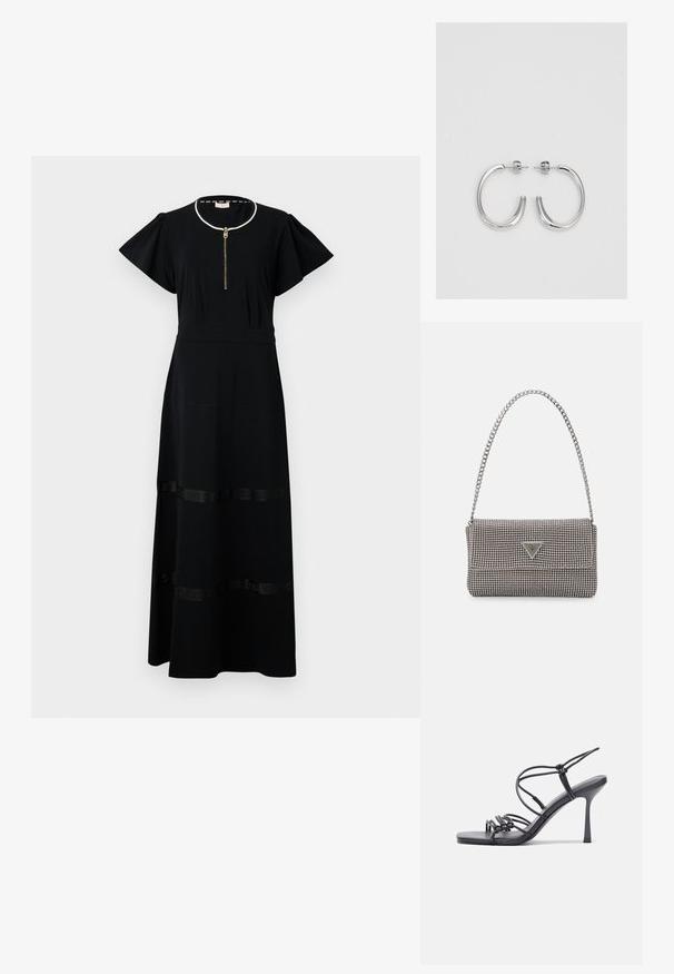 Czarna maxi sukienka z krótkimi falbaniastymi rękawami, okrągłym dekoltem, złotym suwakiem oraz teksturowanymi akcentami w talii i u dołu.; Czarne sandały na wysokim obcasie mają cienkie paski z węzłowym wzorem, gładki, kwadratowy czubek i smukły obcas w stylu szpilki.; Jasnoszara metaliczna torebka na łańcuszku, ozdobiona małymi okrągłymi metalowymi ćwiekami oraz trójkątnym logo marki.; Srebrne kolczyki na biglu o gładkim, błyszczącym wykończeniu. O zaokrąglonym kształcie, lekkim designie, z zamknięciem na zatrzask.