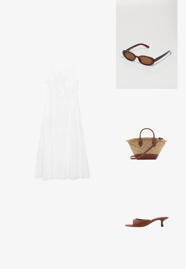 Valkoinen hihaton mekko, jossa on yksinkertainen muotoilu, A-linjainen malli, sileä kuitu ja sauma-yksityiskohtia sivuilla.; Ruske avto čevlji s peto, odprti spredaj, z gladko mat površino, ki imajo ukrivljen dizajn in prozorno, stožčasto peto.; Pyöreät, ruskehtavat aurinkolasit, joissa on kiiltävä burgundinpunainen runko. Kapeat sivut, joissa on hienovarainen brändäys. Litteät linssit.; Kudottu olkilaukku ruskeilla nahkaosilla, kahdella kahvalla ja irrotettavalla hihnalla. Koukkumainen muoto, jossa tukeva pohja.