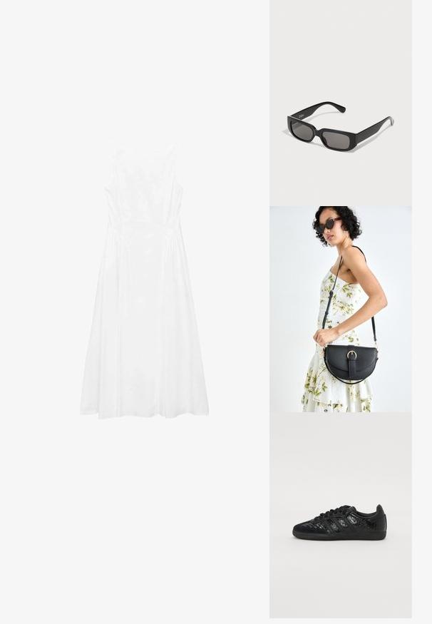 Weißes ärmelloses Kleid mit einem schlichten Design, A-Linie-Form, glatter Textur und Nahtdetails an den Seiten.; Schwarzer Sportschuh aus einer Kombination glatter synthetischer und strukturierter Materialien, mit drei schwarzen Streifen und einer Gummisohle.; Schwarze rechteckige Sonnenbrille mit graugläsern, aus glattem Kunststoff. Verfügt über ein minimalistisches Design mit geraden Bügeln und subtiler Markenkennzeichnung.; Schwarze Lederhandtasche mit geschwungener Form, abnehmbarem Tragegurt und goldenen Beschlägen. Die Tasche verfügt über einen Deckel mit einer Schnallen-Details.; Ohrringe aus goldfarbenem Metall mit einem schlanken, geschwungenen Design. Sie verfügen über eine markante, spitze Form, eine polierte Oberfläche und einen Scharnierverschluss.