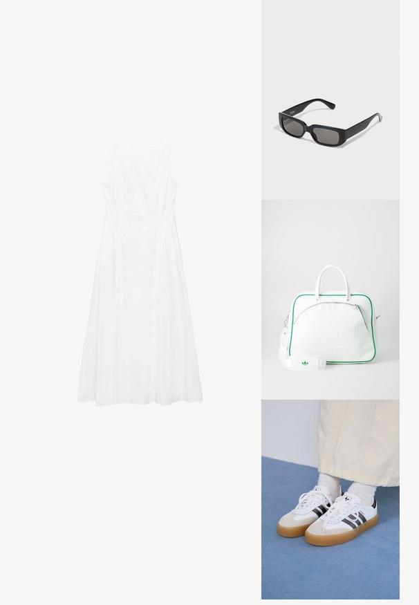 White sleeveless dress featuring a simple design, A-line shape, smooth texture, and seam detailing along the sides.; White sneakers with black stripes and beige suede accents. Feature a textured gum sole and flat white laces, worn with light-colored socks.; Black rectangular sunglasses with gray-tinted lenses, made of smooth plastic. Features a minimalist design with straight arms and subtle branding.; White leather bag with green trim, featuring a prominent embossed logo, dual handles, a detachable strap, and a zippered front pocket.