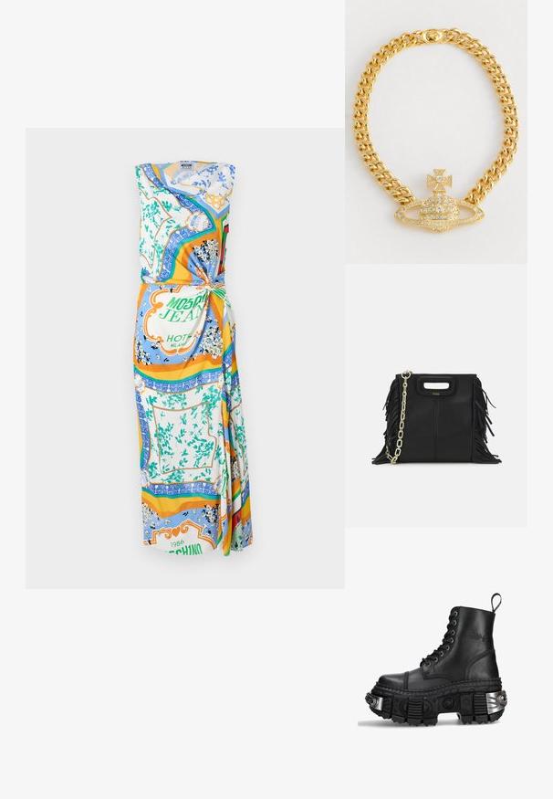 Ärmelloses Wickelkleid aus leichtem Stoff mit einem mehrfarbigen Blumen- und geometrischen Muster, einer geknoteten Taillendetail und fließendem Design.; Schwarze Lederkampfstiefel mit hohem Schaft, runder Zehenpartie, dickem strukturiertem Absatz, silbernen Hardware-Akzenten und markantem Profil.; Schwarze Lederhandtasche mit Fransen-Details, goldener Ketten-Schulterriemen und einem ausgeschnittenen Griff. Mit Logoplatzierung auf der Vorderseite.; Goldfarbene Kettenhalskette mit einem zentralen Anhänger in Domform, einem Kreuzakzent und klaren Strasssteinen.