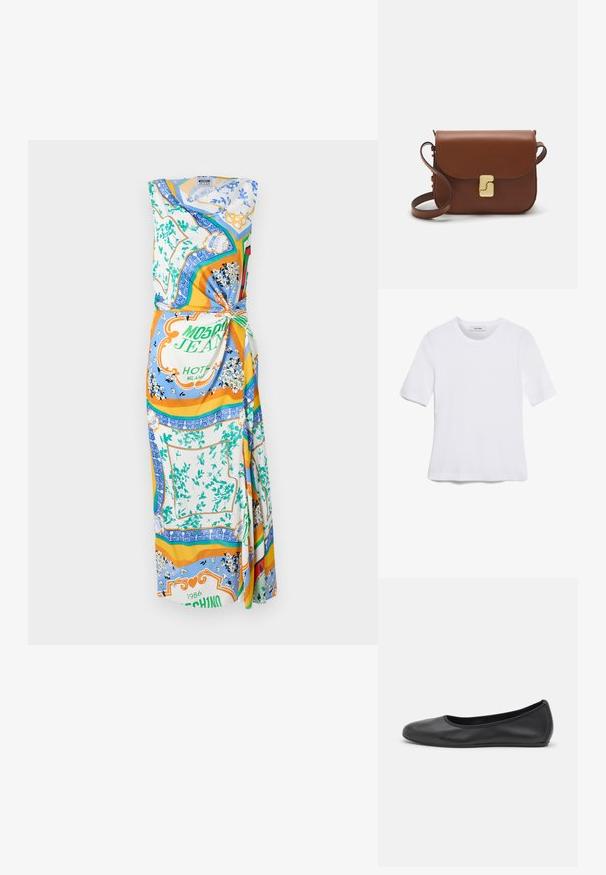 Bezderevių apvalusis suknelė iš lengvos medžiagos, puikuojanti daugiabriauniu spalvotu gėlių ir geometrinių raštų, su surišta liemens detale ir linguojančiu dizainu.; Balta trumpa rankovėmis marškinėliai, pagaminti iš pasiruošusio audinio. Apvali iškirptė, reguliari tinkamumas ir subtilūs siuvimo detalės. Be raštų ar grafikos.; Juodai odiniai baletai su apvaliu pirštu, lygi texture, minimalus siuvimo detales ir lanksčiu padų dizainu.; Ruda odinė rankinė su uždaromu dangteliu, aukso spalvos detalėmis, petneša ir lygiu paviršiumi. Kompaktiška stačiakampio formos.