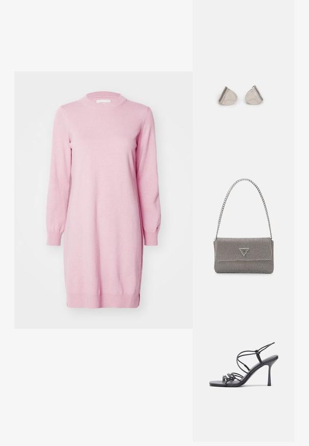 GANT DRESS - Svetríkové šaty - dusty pink; Čierne sandále na vysokom podpätku majú tenké remienky s uzlovým dizajnom, hladký štvorcový špičku a elegantný stiletto podpätok.; Svetlošedá metalická kabelka s reťazovým popruhom, ozdobená malými kruhovými kovovými štítkami a trojuholníkovým logom značky.; Strieborné kovové náušnice s hladkým tvarom kvapky a lesklým povrchom. Jemné rytiny pridávajú detail. Minimalistický dizajn.
