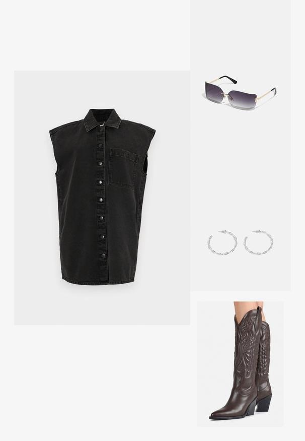 Juodas džinsinis be rankovių marškiniai su apykakle, priekiniais mygtukais ir kairiuoju krūtiniu kišeniu. Tekstūruota medžiaga su šiek tiek siaurėjančia forma.; Rudos odinės kaubojaus batai su smailiu priekiu ir blokuotu kulnu, pasižymintys detaliu siuvinėjimu ir iškiliais akcentais ant ašies.; Akiniai nuo saulės su pilku gradientiniu lęšiuku, aukso metalo rėmu ir juodomis plastikinėmis detalėmis. Išskirtiniai drugelio formos lęšiai su plonomis kojelėmis.; Sidabriniai auskarai žiedai su sukto dizaino, turintys poliruotą apdailą ir fiksavimo smeigtuką. Skersmuo maždaug 3 cm.