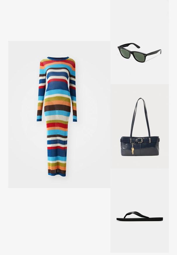Ribota megzta suknelė ilgomis rankovėmis, su horizontaliais juostelėmis mėlynos, raudonos, rudos, žalios, kreminės ir oranžinės spalvų. Kūną apglėbianti siluetas, iki grindų.; Juodas gumos šlepetės tipo sandalai su tekstūruota dirželiu ir paprastu plokščiu padu, rodomi iš šono ant vientiso šviesaus fono.; Juodi plastikiniai saulės akiniai su žaliais objektyvais, kvadratiniais rėmeliais, sidabriniu akcentu ant antakio ir tekstūruotais šventyklų šakutėmis. Vidinėje šakutėje nurodyta prekės ženklo pavadinimas.; Jūrinės odos rankinė su dviem ilgais rankenomis, sagties detalė ir pridėtas raktų pakabukas. Turi lygią tekstūrą ir stačiakampio formą.