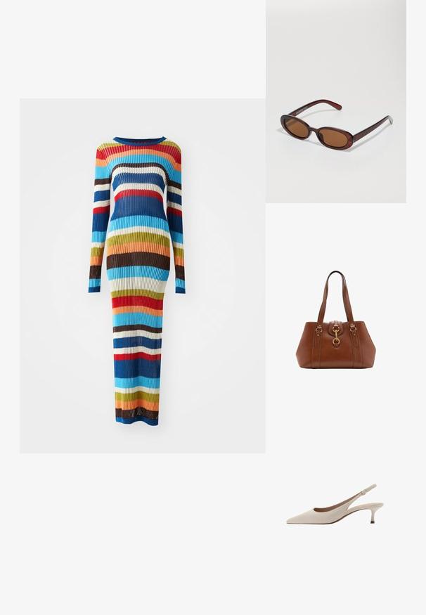 Geribbelde gebreide jurk met lange mouwen, featuring horizontale strepen in blauw, rood, bruin, groen, crème en oranje. Getailleerd silhouet, vloerlang.; Beige slingback hakken met een puntige neus en een lage, uitlopende hak. Gemaakt van glad leer met een minimalistisch ontwerp en een verstelbare band.; Ronde, bruin getinte zonnebril met een glanzend bordeauxrood frame. Slanke pootjes met subtiele merkdetails. Vlakke lensontwerp.; Bruine leren handtas met dubbele banden, een afgeronde vorm, gouden hardware en een centrale sluiting. Gladde textuur met gestikte accenten.