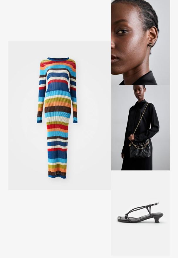 Ribbed knit dress with long sleeves, featuring horizontal stripes in blue, red, brown, green, cream, and orange. Fitted silhouette, floor-length.; Black leather sandal with thin straps, low block heel, and square toe. Features a buckle closure and smooth texture.; Black quilted leather handbag with a gathered top, gold chain strap, and a rectangular shape, held against a plain background.; Gold floral stud earring features a textured black center and delicate detailing. Model's clear skin and braided hair are visible in profile.