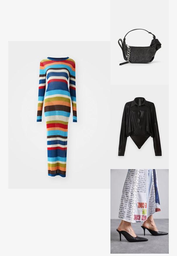 Robe en tricot côtelé à manches longues, avec des rayures horizontales en bleu, rouge, marron, vert, crème et orange. Silhouette ajustée, longueur jusqu'au sol.; Body noir avec manches longues, décolleté en V et une silhouette ajustée. Fabriqué en tissu lisse et brillant avec un col structuré et des poignets.; Mules en cuir noir avec un bout pointu et un talon aiguille, associés à un vêtement blanc à motifs avec des détails à lacets.; Sac à main noir avec des embellissements cloutés, une bandoulière en chaîne et une poignée en cuir lisse, de forme arrondie et avec un compartiment zippé.