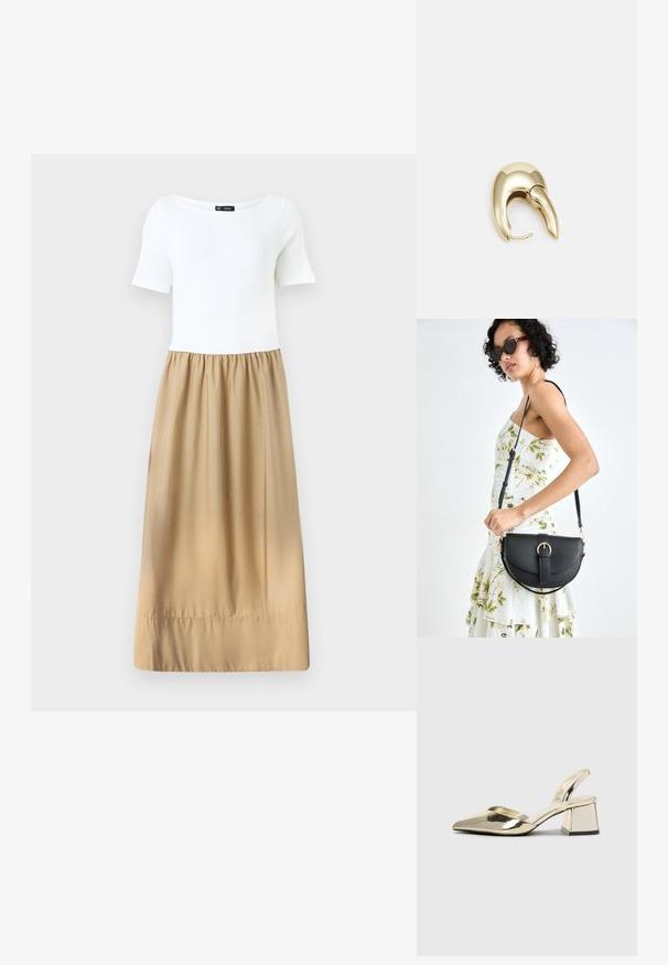 GAP DRESS - Dolga obleka - new off white; Zlati, kovinski slingback čeveljci z ostrim nosom in masivnim peto. Gladka tekstura, minimalistična zasnova in ozka zanka.; Črna usnjena torbica s ukrivljeno obliko, z odstranljivo naramnico in zlatimi dodatki. Torbica ima pokrov s podrobnostmi v obliki zaponke.; Uhane nakit iz zlatastega tona z gladko, ukrivljeno zasnovo. Ima edinstveno koničasto obliko, polirano površino in zaponko s tečajem.